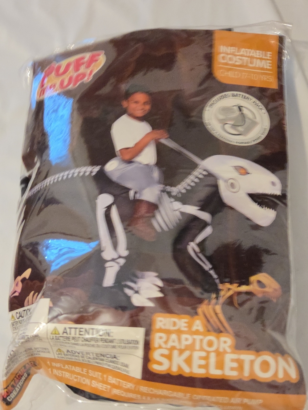 Puff Me Up Ride-A-Raptor Skeleton Inflatable Costume - Black & White